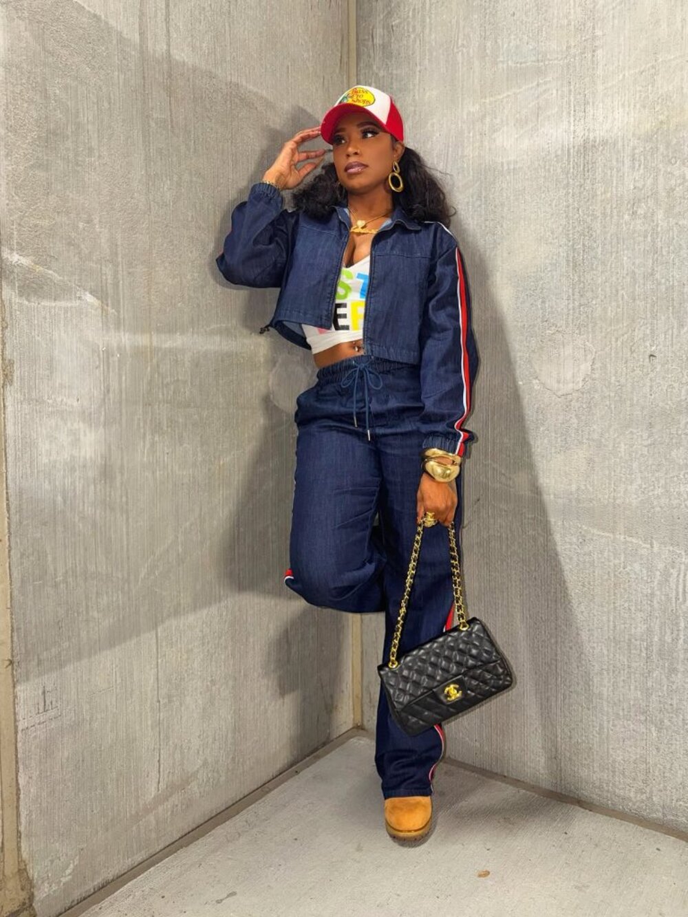 Denim 2 Piece Set Size M | Crop Jacket & Stripe Track Pants Set